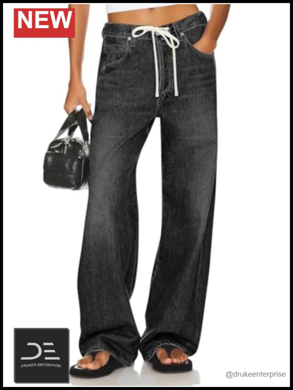 Baggy Wide Leg Jeans High Waisted Drawstring Denim Pants with Pockets